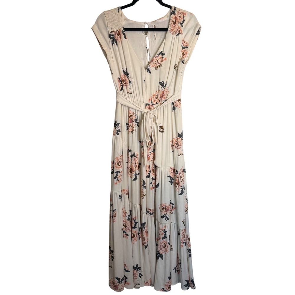 Free People Floral Tiered Maxi Dress Cream Pink Womens 2 Cottagecore Feminine